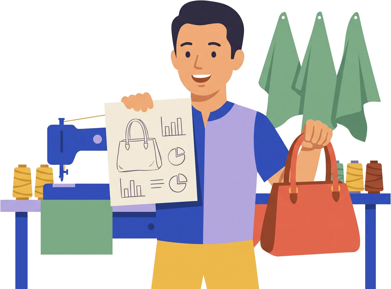 Ilustrasi pengrajin tas tersenyum puas: satu tangan mengangkat kertas berisi sketsa tas dan data pasar, tangan lain mengangkat tas jadi yang bentuknya persis seperti sketsa itu, di depan mesin jahit bengkelnya